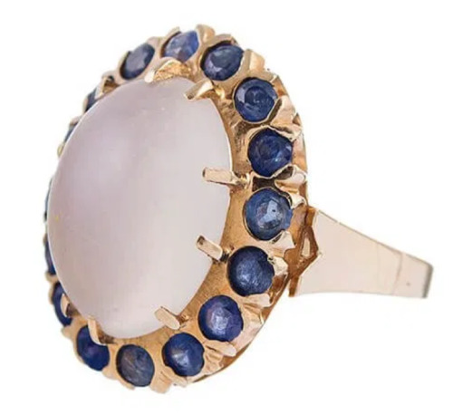 allaboutrings:Moonstone Cabochon and Sapphire Cluster Ring