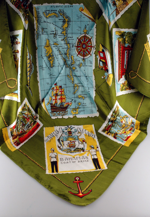 Polyester twill travel souvenir scarf, with machined turnings. Green ground with ‘THE BAHAMA I