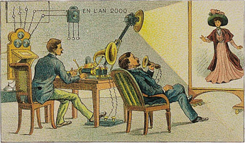 engineeringhistory:1910 postcard depiction of video telephony as imagined in the year 2000.
