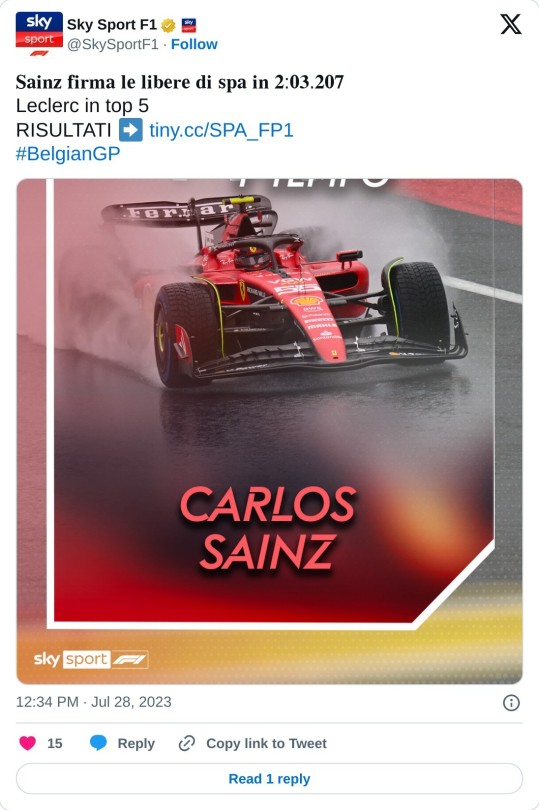 𝐒𝐚𝐢𝐧𝐳 𝐟𝐢𝐫𝐦𝐚 𝐥𝐞 𝐥𝐢𝐛𝐞𝐫𝐞 𝐝𝐢 𝐬𝐩𝐚 𝐢𝐧 𝟐:𝟎𝟑.𝟐𝟎𝟕 Leclerc in top 5 RISULTATI ➡ https://t.co/piHqKkcC9l#BelgianGP pic.twitter.com/Mwtwv80mCr  — Sky Sport F1 (@SkySportF1) July 28, 2023