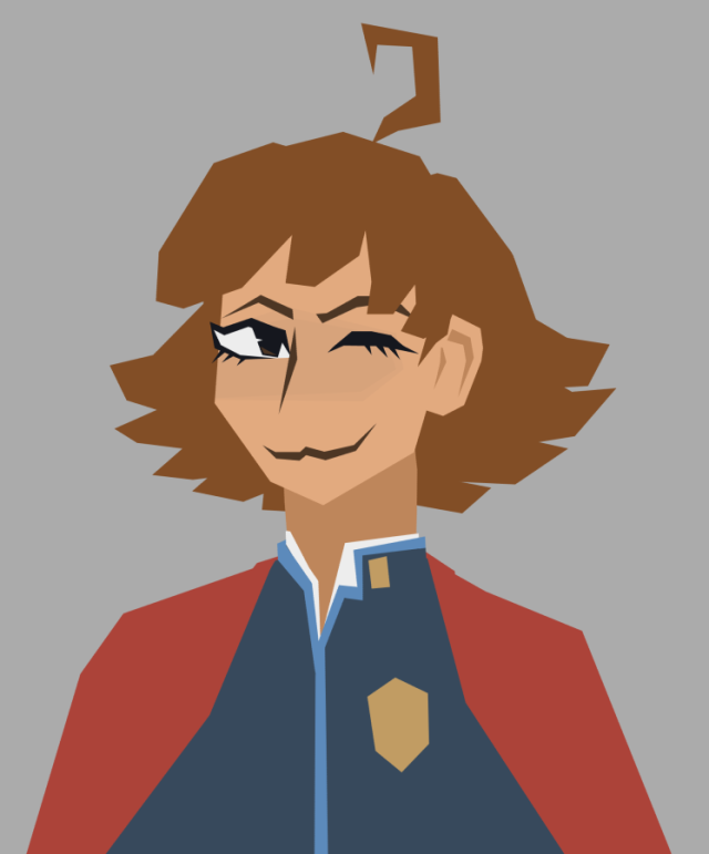 Flat-Colored lineless bust portrait of Sebastian, with very angular shapes and edges. They have a kitty 3-mouth, smug winking expression. 