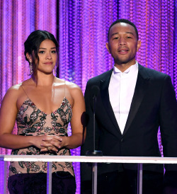 celebsofcolor:Gina Rodriguez and John Legend speak onstage during The 23rd Annual Screen Actors Guild Awards at The Shrine Auditorium on January 29, 2017 in Los Angeles, California.