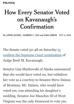 icarusinstatic:  So if you want to know who to vote out of office when the time comes here’s a list of the senate vote to confirm Kavanaugh.  *NOTE: Lisa Murkowski originally stated that she’d vote no but changed her vote to present.  So she should