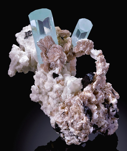 Aquamarine atop Albite with Muscovite and Schorl - Shigar Valley, Skardu District, Baltistan, Gilgit