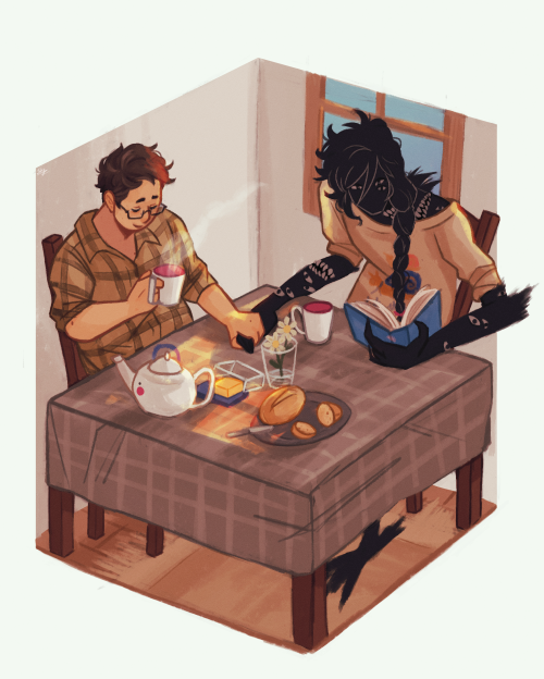 skyberia:teatime ☕[image ID: a drawing of two characters sitting at a square table. the room they’re