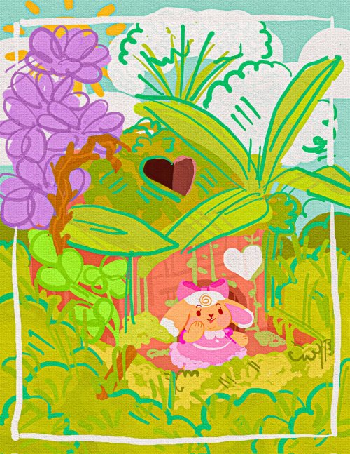 A stylized illustration and
digital painting of a beige/white
lop-bunny standing on the
wooden porch surrounded by
overgrown grass, giant leaves,
with giant purple and white
flowers.