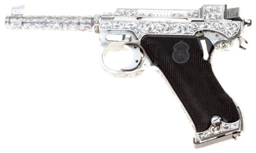 An engraved and nickel plated Swedish M40 Lahti pistol, Husqvarna markings.