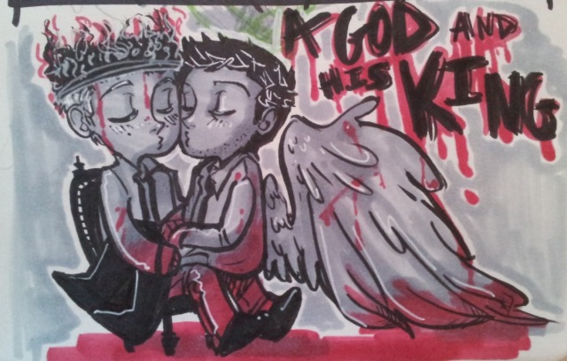 perpetuallycaffeinated:This concept and art is YEARS old, way back from…2011-2012 I think? But I’ll be damned if Godstiel/his Head Torturer Demon!Dean doesn’t STILL scratch that Dark AU itch for me 😩 reblog because oh damn a whole
