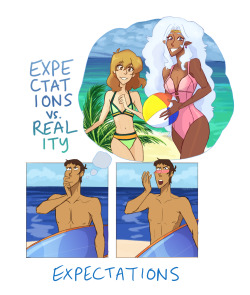 grimphantom2:  ilovelancealot:  A day at the beach Bonus:  lol we are like Lance with Pidge and Allura XD.  Stupid sexy Keith XD 