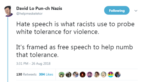 “Hate speech is what racists use to probe white tolerance for violence.It’s framed as free spe