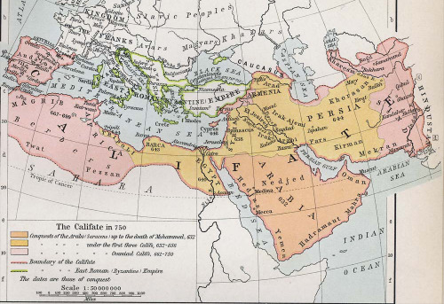 The Umayyad Caliphate&rsquo;s empire at its largest extent (750 A.D.), from Spain to China. Source: 