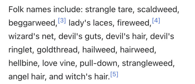 Folk names include: strangle tare, scaldweed, beggarweed,[3] lady's laces, fireweed,[4] wizard's net, devil's guts, devil's hair, devil's ringlet, goldthread, hailweed, hairweed, hellbine, love vine, pull-down, strangleweed, angel hair, and witch's hair.