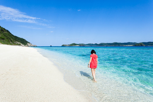 Studying the small fishies on tropical beach, Aka Island, Japan