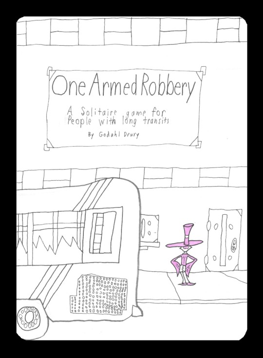 Lizzie is standing in front of a building next to a passing bus. Title text reads: One Armed Robbery. A solitaire game for people with long transits. By Godahl Drury.