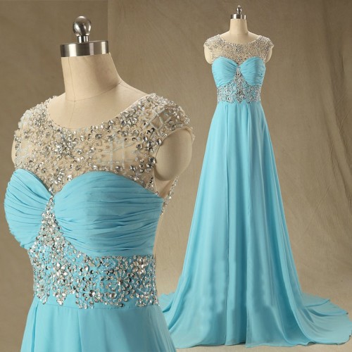 Blue Chiffon A Line Floor Length Bridal Dress, Prom Dress