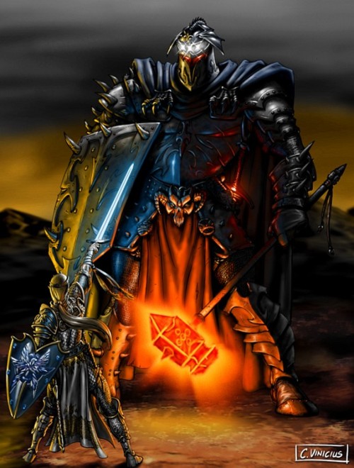 Two versions of Fingolfin battling Morgoth at the gates of Angband.