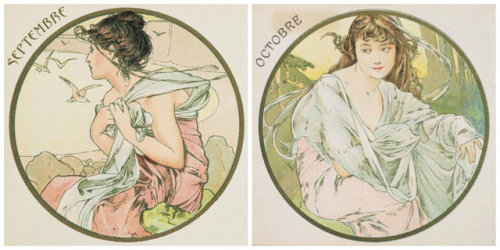 ladiesofthemonths:  english-idylls:  The Months of the Year series by Alphonse Mucha (1899).  Mucha’s take on the months!  I didn’s see these till after I created the majority of my Ladies for the Ladies of the Months. What a glorious collection!