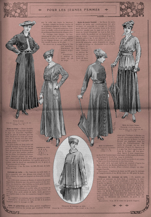 La Mode illustrée, no. 22, 30 mai 1915, Paris. Pour les jeunes femmes. Robe en drap. Costume en toil