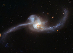 apod:   2018 January 10  NGC 2623: Merging Galaxies from Hubble Image Credit: ESA/Hubble &amp; NASA  Explanation: Where do stars form when galaxies collide? To help find out, astronomers imaged the nearby galaxy merger NGC 2623 in high resolution with