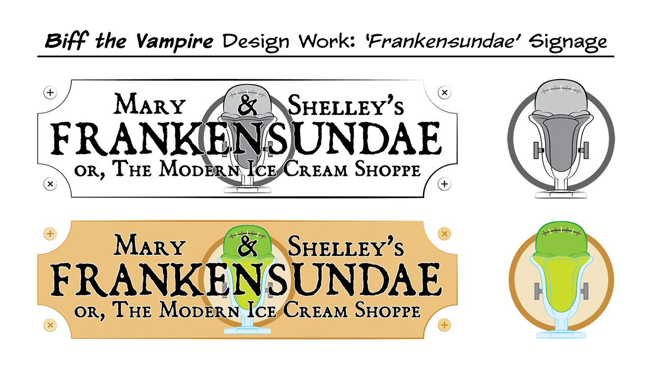 Fictional Company: ‘Frankensundae’ Design [05.18.2017 to 05.20.2017]
- — - — ~ — - — -
Process:
- 4H and HB pencils on Scratch Paper.
- Finished in Illustrator.
As seen in Biff the Vampire No.452: “Dairy Queens”