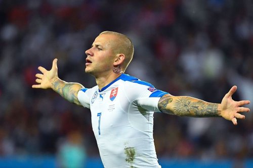 Vladimir Weiss after scoring for Slovakia against Russia. He spent part of his youth career at Manch