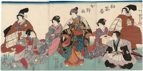 A Soga Brothers Confrontation Scene Enacted by Women Amateurs at New Year (Hatsu chaban onna taimen)