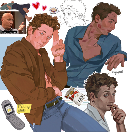 Collage-style fanart featuring Lip from Shameless. The collage includes sketches of Lip smoking, a pack of cigarettes, Lip giving a two-finger salute to the viewer, Lip looking sideways with lipstick kisses on his neck, and a flip phone with a text bubble reading "f*cking slut!!!"