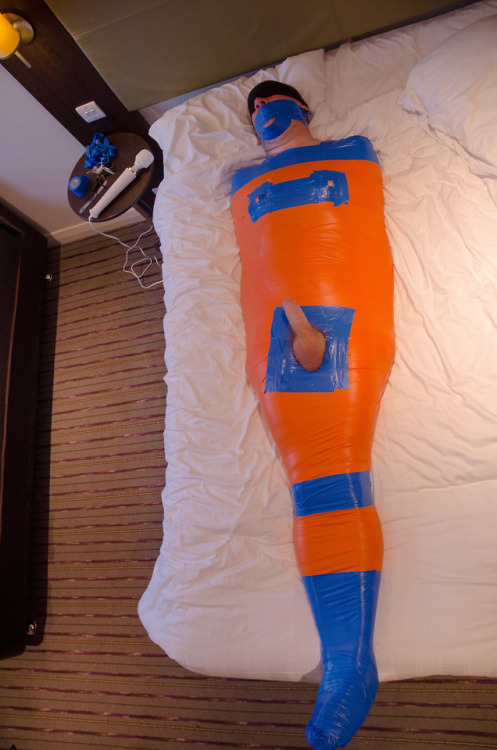 ropedandtapedup:  After he’d released me from the hogtie, I gagged and mummified him very tigh