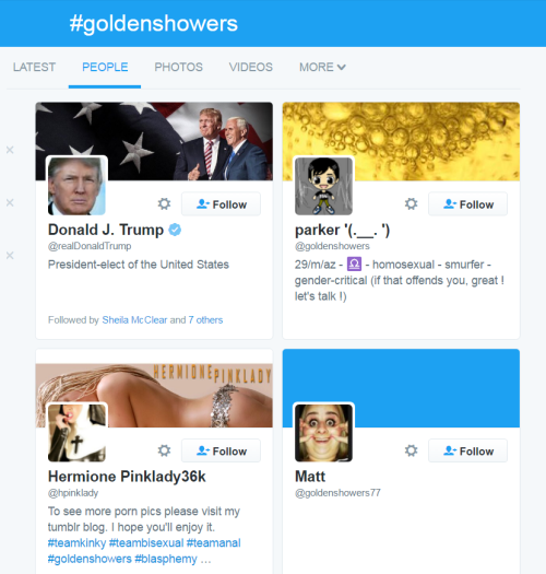 Here’s what currently shows up if you click the “people” link under the #goldenshowers tag (now tren
