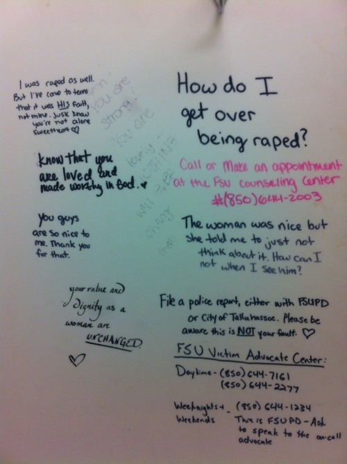 bitch-imamotherfuckingprincess:  I went to the bathroom in a building on my campus and saw this on the back of the stall door. While I’m deeply upset that a young woman went through such a horrible ordeal, I’m also very touched that so many other