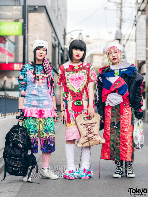 Japanese students Iyo, Napu, and Sakuran on the street in Harajuku wearing a mix of vintage, handmad