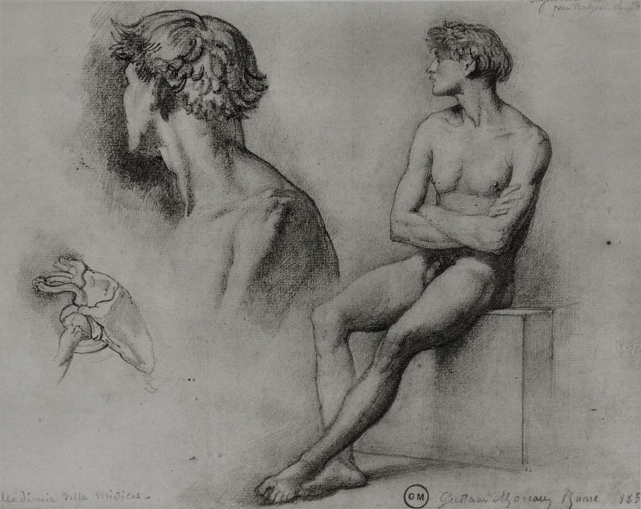 Male Nude and Other Studies, Gustave Moreau. 1858.