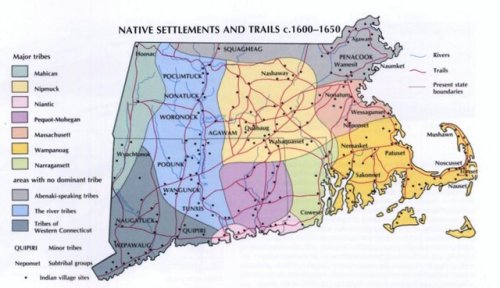 mapsontheweb:Native American settlements and trails in southern New England in the early 1600s.