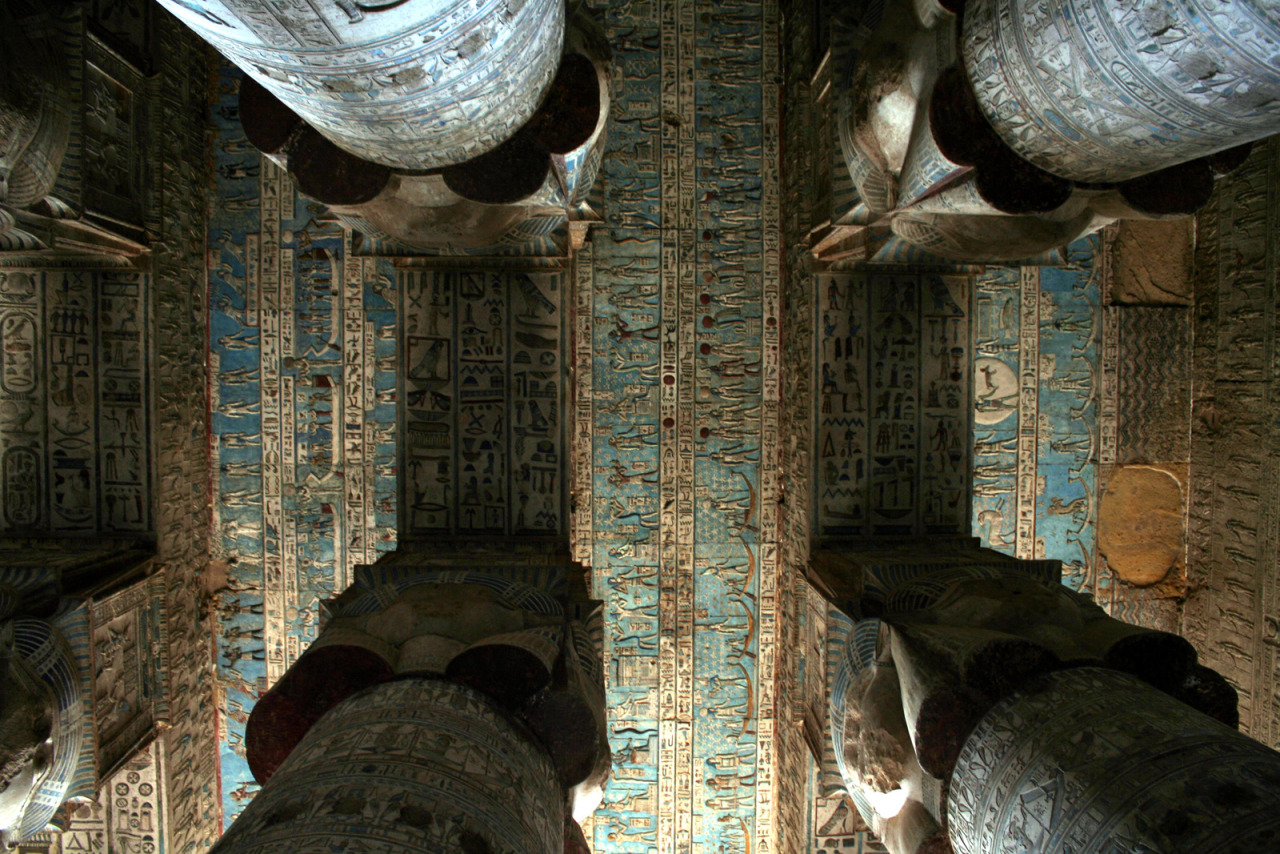 ancientart:  Raised and painted relief from the ceiling of the Hathor Temple at Dendera. Egypt,