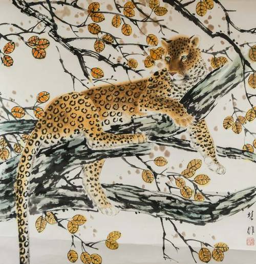 Fang Chuxiong aka 方楚雄 (Chinese, b. 1950, Shantou City, Guangdong Province, China) - Leopard on Tree 