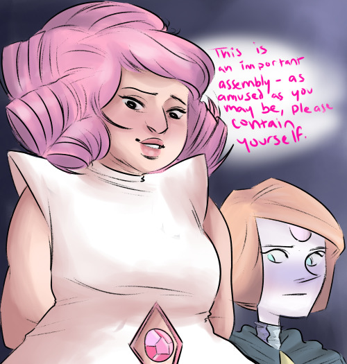 narootos:   rupphire bomb day 1: beginnings sapphire is pink diamond’s (rose quartz) ‘left hand gem’ and ruby is a recruit among the gems that pink diamond is bringing to earth; they “meet” each other at a meeting about the mission sapphire