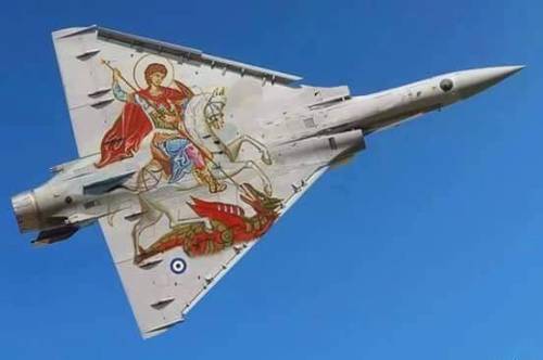 colonel-kurtz-official:Greek Mirage jet showing off a special paint job.