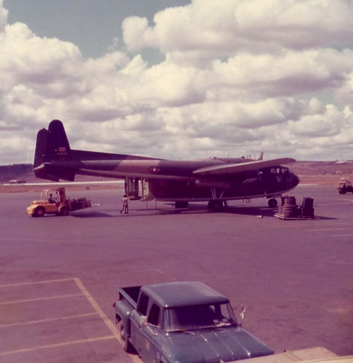 vietnamwarera:VNAF Fairchild C-119G Flying Boxcar at Pleiku Air Base, circa 1971/1972.