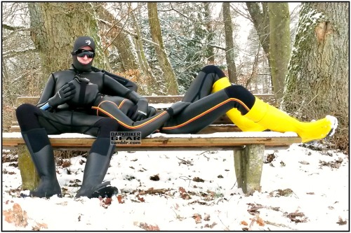 My boyfriend and I enjoy a snowy day fully dressed in shiny neoprene wetsuits.