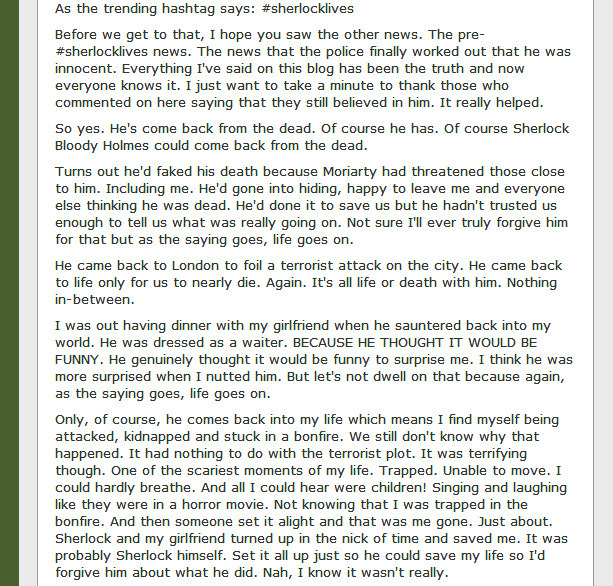 dudeufugly:  #JohnWatsonLives  John Watson’s blog updated 