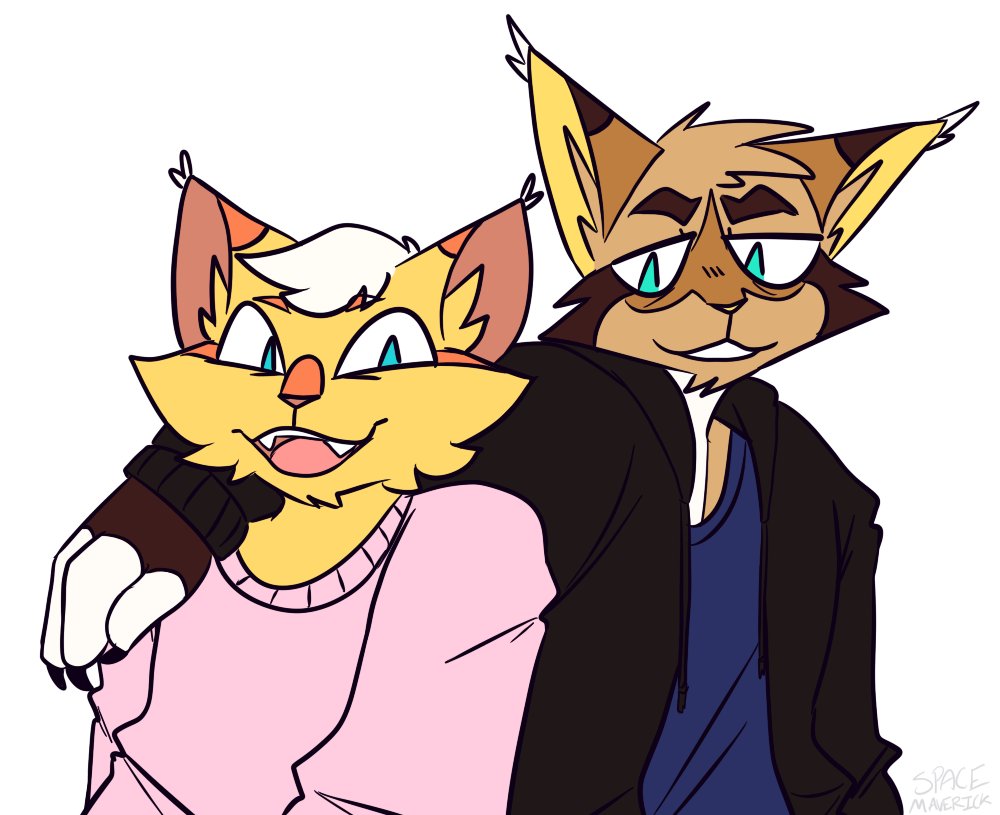 a digital drawing of mav and chrysanthemum, two anthropomorphic cats. chrysanthemum is light brown with dark tabby markings wearing a back jacket over a blue shirt. he has his arm slung over mav’s shoulder with a snarky smile. mav is yellow with small orange tabby markings and a white hair tuft wearing a pink sweater. he’s leaning into chrysanthemum with a wide, open-mouthed smile.