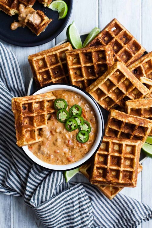 food–archives:  cheddar jalapeno cornbread waffles with turkey chile con queso dip. 