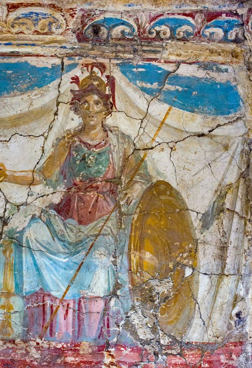 Lararium with wall painting; goddess Minerva sitting on throne, and Agathodaemon / Genius Loci snake