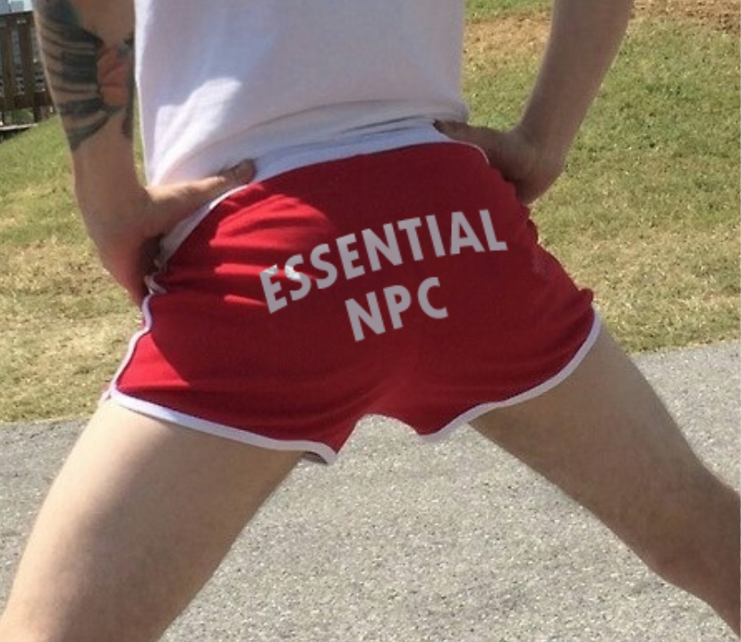 ceilingcow: tryforce: Booty shorts that say “essential npc” across the ass  