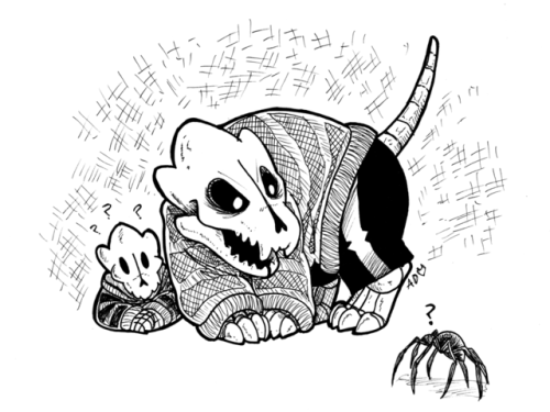 spacegate: Inktober day 4 Baby blaster Sans getting spooked by a spider, while Papyrus is curious about it. Slowly, but surely, my control is coming back. The only thing I keep having trouble with is microscopic white spots in my black spaces when I can.