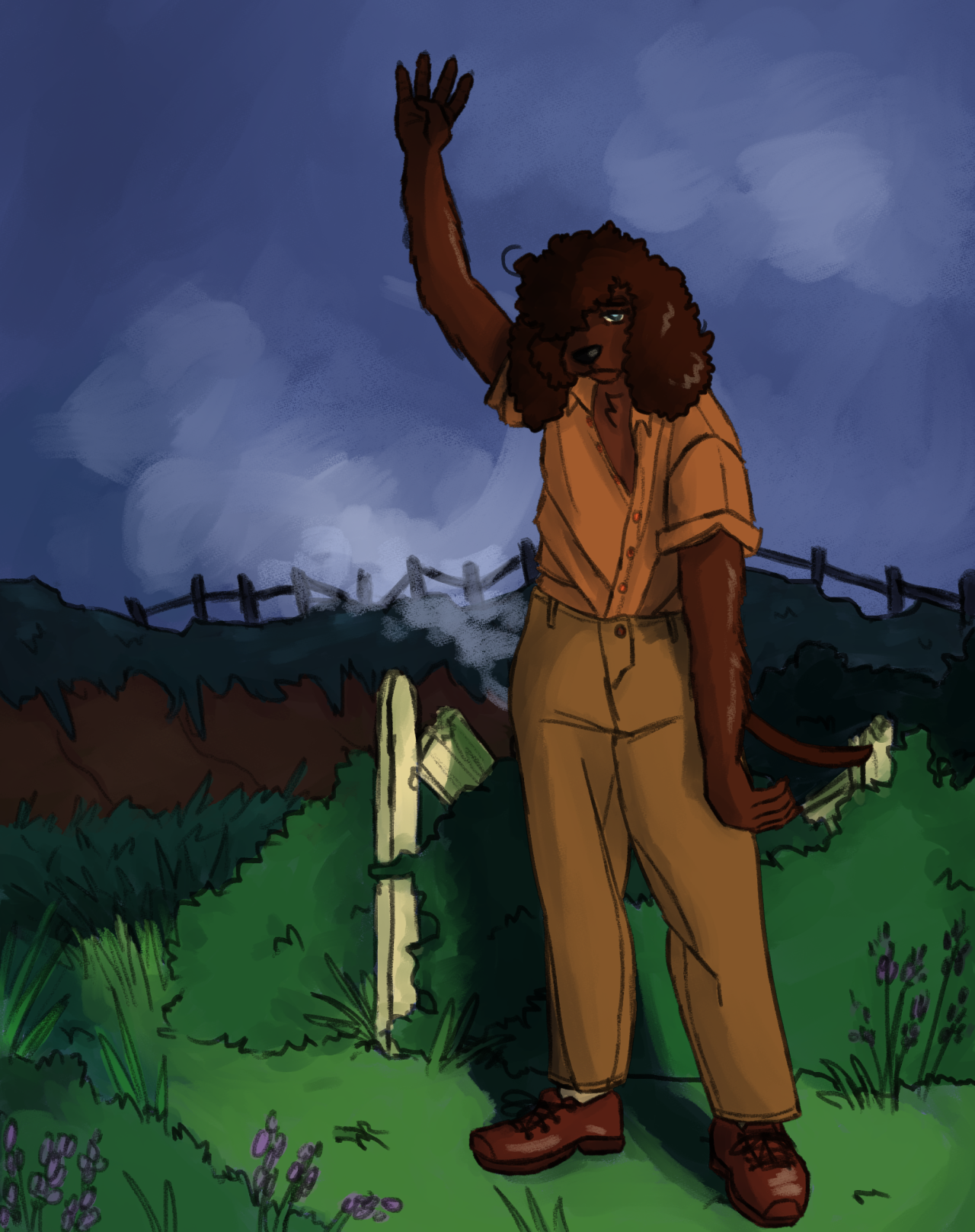 A drawing of an Irish water spaniel standing next to a broken fence and bushes, looking defeated. She's holding up four fingers.
