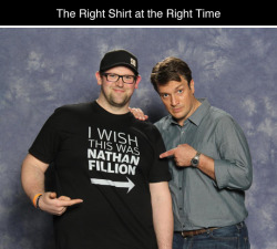 tastefullyoffensive:  The Right Shirt at the Right Time (via Imgur/Neatorama)Related: Celebrities Posing With Younger Versions of Themselves   All of these make me SUPER happy. &lt;3
