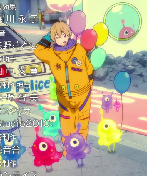nagihazuki:the red, purple, and yellow aliens are copying nagisa’s pose, even imitating the slight t
