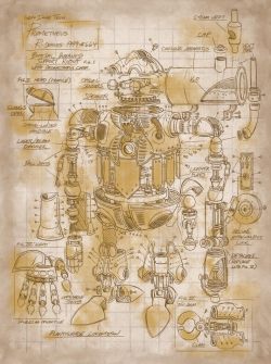 space-coyote:  Robo-66Y Schematics, another piece I did that’s going up at Fangamer’s PAX art show (the other one being Terra Nivalis). This one is based on Chrono Trigger.I’m going to be totally honest – I don’t know mechanics or robotics very