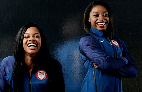 nastiasliukin:Gabby Douglas and Simone Biles pose for portraits at the USOC Rio Olympics Shoot on 